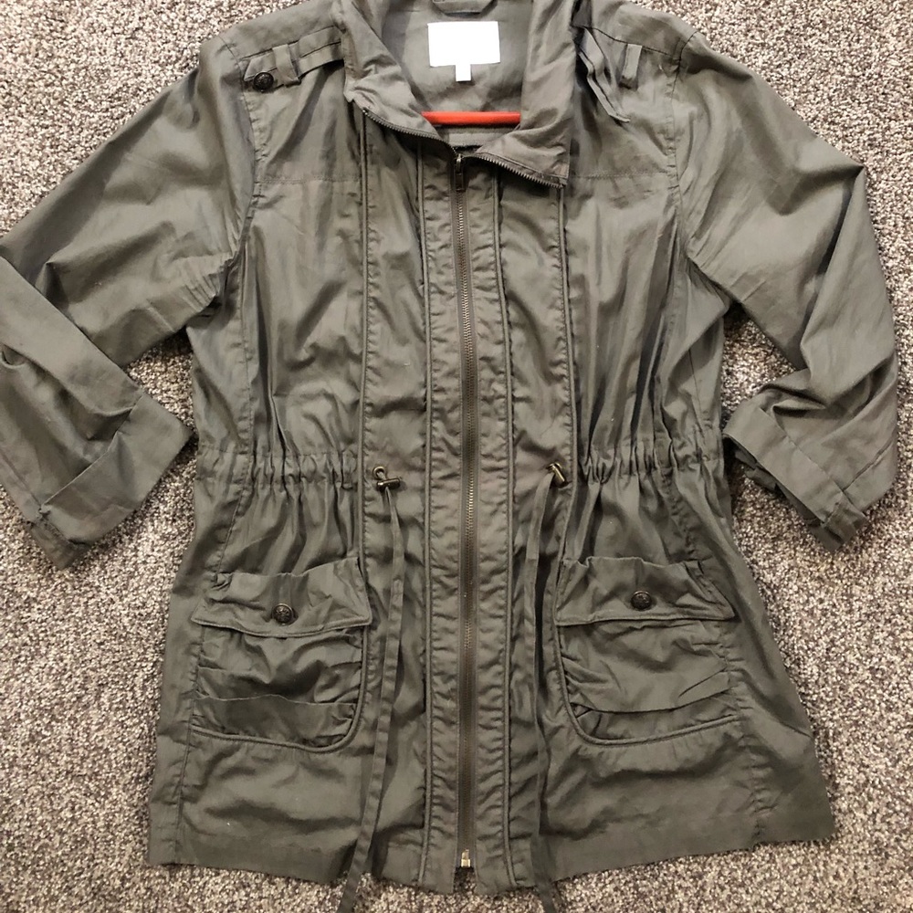 Olive green front zip jacket with cinch waist
